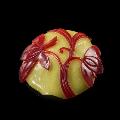 Lot 167 - A CARVED LEMON-YELLOW OVERLAY RUBY-RED GLASS ‘LOTUS’ BRUSH WASHER, QIANLONG PERIOD