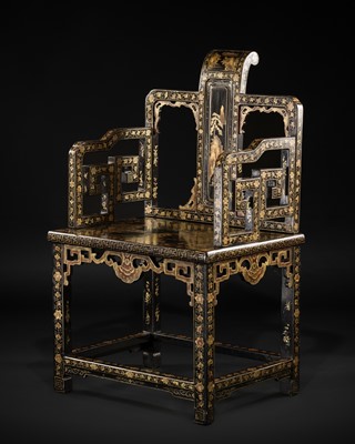 Lot 181 - A GILT-DECORATED BLACK LACQUER ARMCHAIR, YONGZHENG-QIANLONG PERIOD