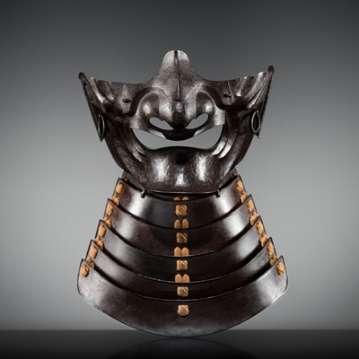 MYOCHIN MUNEHARU: A FINE MYOCHIN SCHOOL LACQUERED IRON MENPO