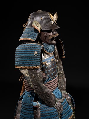 Lot 91 - SAOTOME: AN IMPRESSIVE OKEGAWA NIMAI-DO GUSOKU (TWO-PIECE CUIRASS ARMOR) AND SUJIBACHI KABUTO, WITH NKBKHK KOSHU TOKUBETSU KICHO (ESPECIALLY IMPORTANT) SHIRYO CERTIFICATE