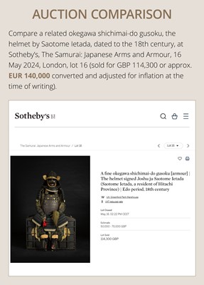 Lot 91 - SAOTOME: AN IMPRESSIVE OKEGAWA NIMAI-DO GUSOKU (TWO-PIECE CUIRASS ARMOR) AND SUJIBACHI KABUTO, WITH NKBKHK KOSHU TOKUBETSU KICHO (ESPECIALLY IMPORTANT) SHIRYO CERTIFICATE