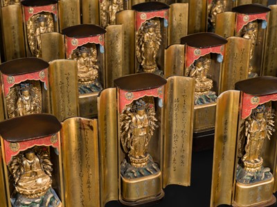 Lot 135 - YAMAMOTO MOSUKE: A HIGHLY IMPORTANT COMPLETE SET OF 33 ‘THE SAIGOKU KANNON PILGRIMAGE ‘GOLD LACQUER ZUSHI (PORTABLE BUDDHIST SHRINES), DATED 1854
