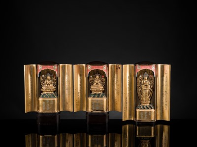 Lot 135 - YAMAMOTO MOSUKE: A HIGHLY IMPORTANT COMPLETE SET OF 33 ‘THE SAIGOKU KANNON PILGRIMAGE ‘GOLD LACQUER ZUSHI (PORTABLE BUDDHIST SHRINES), DATED 1854