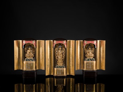 Lot 135 - YAMAMOTO MOSUKE: A HIGHLY IMPORTANT COMPLETE SET OF 33 ‘THE SAIGOKU KANNON PILGRIMAGE ‘GOLD LACQUER ZUSHI (PORTABLE BUDDHIST SHRINES), DATED 1854