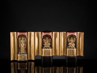 Lot 135 - YAMAMOTO MOSUKE: A HIGHLY IMPORTANT COMPLETE SET OF 33 ‘THE SAIGOKU KANNON PILGRIMAGE ‘GOLD LACQUER ZUSHI (PORTABLE BUDDHIST SHRINES), DATED 1854