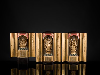 Lot 135 - YAMAMOTO MOSUKE: A HIGHLY IMPORTANT COMPLETE SET OF 33 ‘THE SAIGOKU KANNON PILGRIMAGE ‘GOLD LACQUER ZUSHI (PORTABLE BUDDHIST SHRINES), DATED 1854