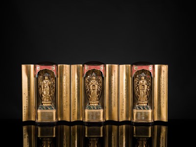 Lot 135 - YAMAMOTO MOSUKE: A HIGHLY IMPORTANT COMPLETE SET OF 33 ‘THE SAIGOKU KANNON PILGRIMAGE ‘GOLD LACQUER ZUSHI (PORTABLE BUDDHIST SHRINES), DATED 1854