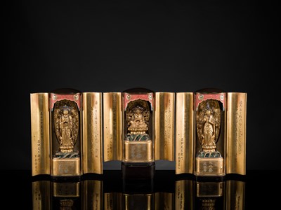 Lot 135 - YAMAMOTO MOSUKE: A HIGHLY IMPORTANT COMPLETE SET OF 33 ‘THE SAIGOKU KANNON PILGRIMAGE ‘GOLD LACQUER ZUSHI (PORTABLE BUDDHIST SHRINES), DATED 1854