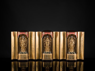 Lot 135 - YAMAMOTO MOSUKE: A HIGHLY IMPORTANT COMPLETE SET OF 33 ‘THE SAIGOKU KANNON PILGRIMAGE ‘GOLD LACQUER ZUSHI (PORTABLE BUDDHIST SHRINES), DATED 1854
