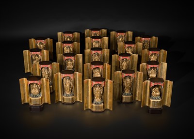 Lot 135 - YAMAMOTO MOSUKE: A HIGHLY IMPORTANT COMPLETE SET OF 33 ‘THE SAIGOKU KANNON PILGRIMAGE ‘GOLD LACQUER ZUSHI (PORTABLE BUDDHIST SHRINES), DATED 1854