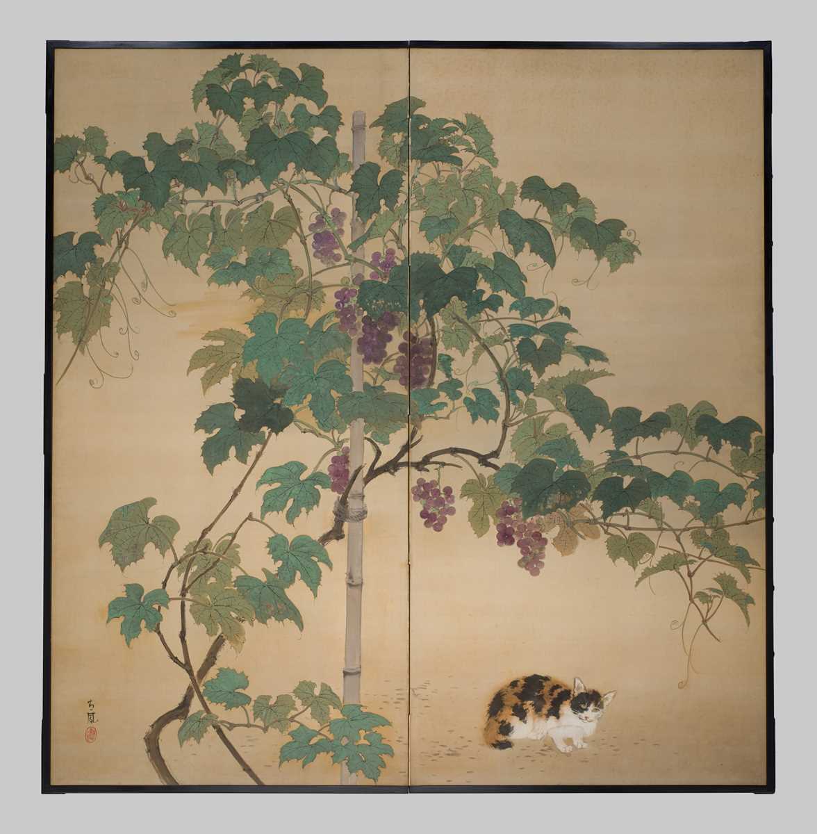 MOCHIZUKI SEIHO: A CHARMING TWO-PANEL ‘CAT UNDER GRAPEVINE’ BYOBU (FOLDING SCREEN)