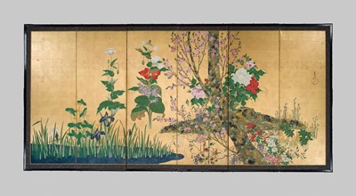 Lot 268 - OGATA KORIN: AN IMPORTANT PAIR OF PAIR OF RINPA SIX-PANEL ‘FLOWERS OF THE FOUR SEASONS’ BYOBU (FOLDING SCREEN)
