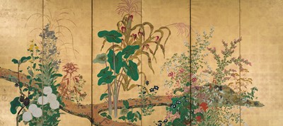 Lot 268 - OGATA KORIN: AN IMPORTANT PAIR OF PAIR OF RINPA SIX-PANEL ‘FLOWERS OF THE FOUR SEASONS’ BYOBU (FOLDING SCREEN)