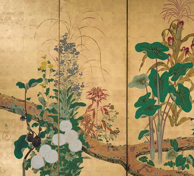 Lot 268 - OGATA KORIN: AN IMPORTANT PAIR OF PAIR OF RINPA SIX-PANEL ‘FLOWERS OF THE FOUR SEASONS’ BYOBU (FOLDING SCREEN)