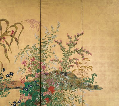 Lot 268 - OGATA KORIN: AN IMPORTANT PAIR OF PAIR OF RINPA SIX-PANEL ‘FLOWERS OF THE FOUR SEASONS’ BYOBU (FOLDING SCREEN)