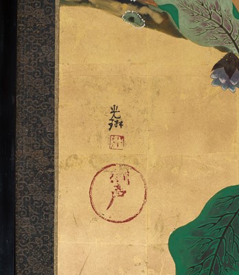 Lot 268 - OGATA KORIN: AN IMPORTANT PAIR OF PAIR OF RINPA SIX-PANEL ‘FLOWERS OF THE FOUR SEASONS’ BYOBU (FOLDING SCREEN)