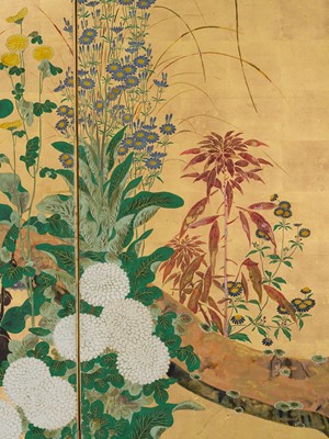 Lot 268 - OGATA KORIN: AN IMPORTANT PAIR OF PAIR OF RINPA SIX-PANEL ‘FLOWERS OF THE FOUR SEASONS’ BYOBU (FOLDING SCREEN)