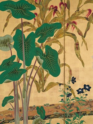 Lot 268 - OGATA KORIN: AN IMPORTANT PAIR OF PAIR OF RINPA SIX-PANEL ‘FLOWERS OF THE FOUR SEASONS’ BYOBU (FOLDING SCREEN)