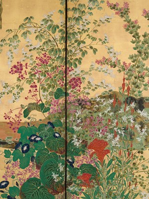 Lot 268 - OGATA KORIN: AN IMPORTANT PAIR OF PAIR OF RINPA SIX-PANEL ‘FLOWERS OF THE FOUR SEASONS’ BYOBU (FOLDING SCREEN)