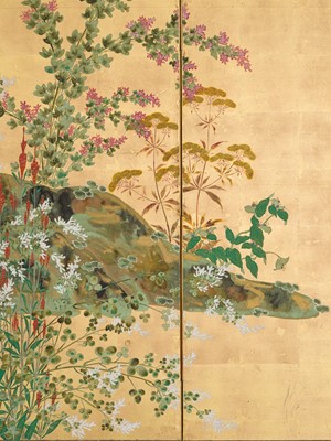 Lot 268 - OGATA KORIN: AN IMPORTANT PAIR OF PAIR OF RINPA SIX-PANEL ‘FLOWERS OF THE FOUR SEASONS’ BYOBU (FOLDING SCREEN)