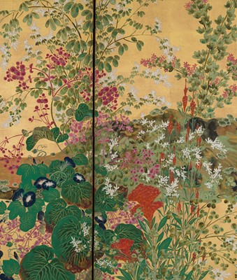 Lot 268 - OGATA KORIN: AN IMPORTANT PAIR OF PAIR OF RINPA SIX-PANEL ‘FLOWERS OF THE FOUR SEASONS’ BYOBU (FOLDING SCREEN)