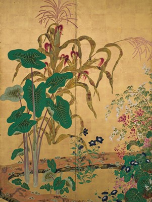 Lot 268 - OGATA KORIN: AN IMPORTANT PAIR OF PAIR OF RINPA SIX-PANEL ‘FLOWERS OF THE FOUR SEASONS’ BYOBU (FOLDING SCREEN)