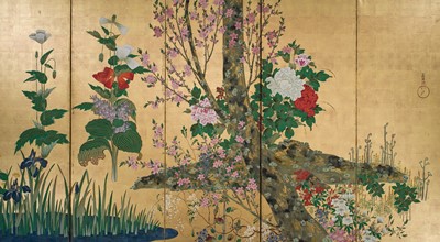 Lot 268 - OGATA KORIN: AN IMPORTANT PAIR OF PAIR OF RINPA SIX-PANEL ‘FLOWERS OF THE FOUR SEASONS’ BYOBU (FOLDING SCREEN)