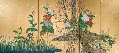 Lot 268 - OGATA KORIN: AN IMPORTANT PAIR OF PAIR OF RINPA SIX-PANEL ‘FLOWERS OF THE FOUR SEASONS’ BYOBU (FOLDING SCREEN)