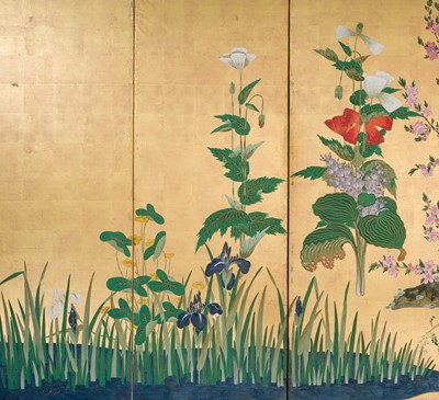 Lot 268 - OGATA KORIN: AN IMPORTANT PAIR OF PAIR OF RINPA SIX-PANEL ‘FLOWERS OF THE FOUR SEASONS’ BYOBU (FOLDING SCREEN)