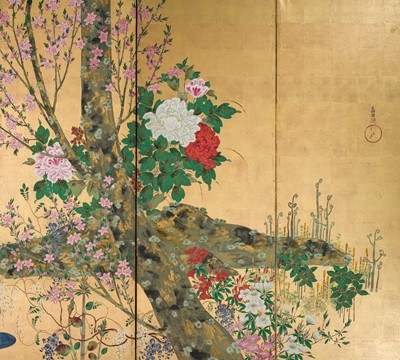 Lot 268 - OGATA KORIN: AN IMPORTANT PAIR OF PAIR OF RINPA SIX-PANEL ‘FLOWERS OF THE FOUR SEASONS’ BYOBU (FOLDING SCREEN)