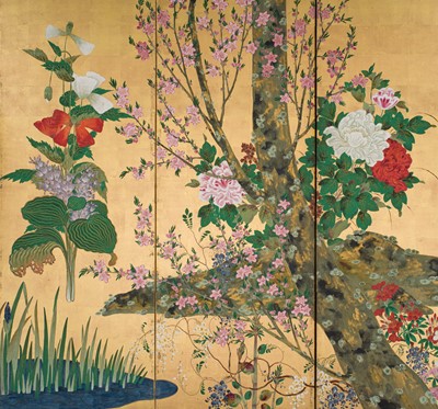 Lot 268 - OGATA KORIN: AN IMPORTANT PAIR OF PAIR OF RINPA SIX-PANEL ‘FLOWERS OF THE FOUR SEASONS’ BYOBU (FOLDING SCREEN)