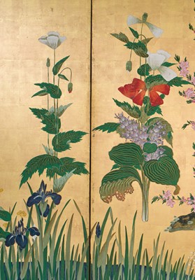 Lot 268 - OGATA KORIN: AN IMPORTANT PAIR OF PAIR OF RINPA SIX-PANEL ‘FLOWERS OF THE FOUR SEASONS’ BYOBU (FOLDING SCREEN)