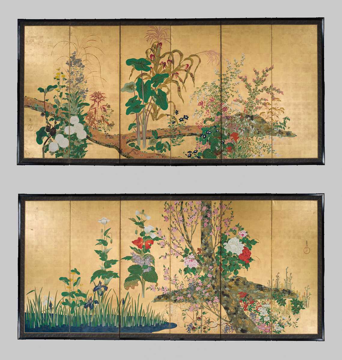 Lot 268 - OGATA KORIN: AN IMPORTANT PAIR OF PAIR OF RINPA SIX-PANEL ‘FLOWERS OF THE FOUR SEASONS’ BYOBU (FOLDING SCREEN)