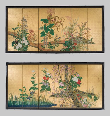 Lot 268 - OGATA KORIN: AN IMPORTANT PAIR OF PAIR OF RINPA SIX-PANEL ‘FLOWERS OF THE FOUR SEASONS’ BYOBU (FOLDING SCREEN)