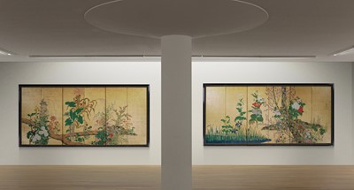 Lot 268 - OGATA KORIN: AN IMPORTANT PAIR OF PAIR OF RINPA SIX-PANEL ‘FLOWERS OF THE FOUR SEASONS’ BYOBU (FOLDING SCREEN)