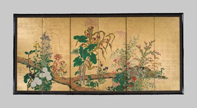 Lot 268 - OGATA KORIN: AN IMPORTANT PAIR OF PAIR OF RINPA SIX-PANEL ‘FLOWERS OF THE FOUR SEASONS’ BYOBU (FOLDING SCREEN)