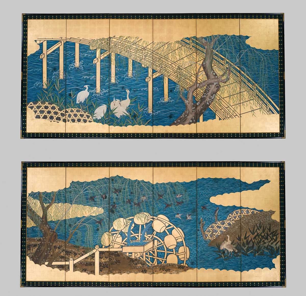 A PAIR OF FINE SIX-PANEL ‘UJI RIVER’ BYOBU (FOLDING SCREENS)