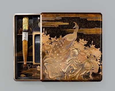 A FINE INLAID LACQUER ‘PEACOCK AND PEAHEN’ SUZURIBAKO (WRITING BOX)