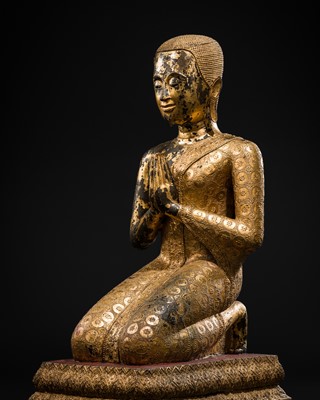 Lot 469 - A LARGE GILT-LACQUERED BRONZE FIGURE OF A MONK, RATTANAKOSIN KINGDOM