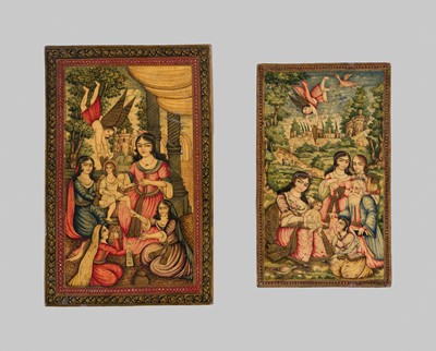 Lot 370 - A QAJAR LACQUER PAPIER MÂCHÉ MIRROR CASE WITH THE HOLY FAMILY, 19TH CENTURY