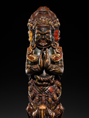 Lot 3 - A POLYCHROME WOOD PHURBA, TIBET, 17TH-18TH CENTURY