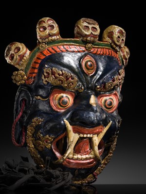 Lot 39 - A POLYCHROME AND GILT-LACQUERED PAPIER-MÂCHÉ ‘MAHAKALA’ RITUAL MASK FOR THE CHAM DANCE