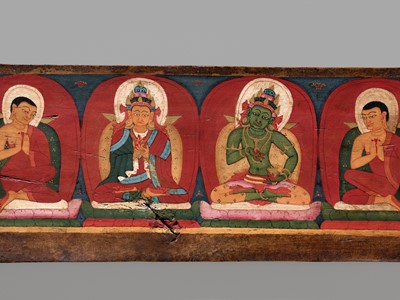 Lot 32 - A PAINTED WOOD SUTRA COVER, TIBET, CIRCA 13TH CENTURY