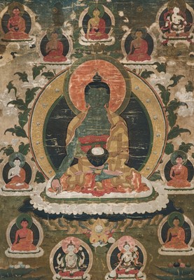 Lot 98 - A FINE THANGKA OF THE MEDICINE BUDDHA, BHAISAJYAGURU, TIBET, 18TH-19TH CENTURY