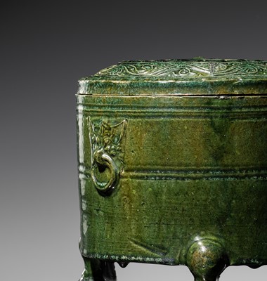Lot 238 - A GREEN-GLAZED POTTERY TRIPOD JAR AND COVER, LIAN, HAN DYNASTY