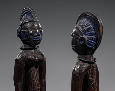 Lot 539 - A RARE PAIR OF YORUBA WOOD FIGURES, IBEJI, NIGERIA, FIRST HALF OF 20TH CENTURY