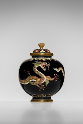 Lot 143 - NAMIKAWA YASUYUKI: A MAGNIFICENT BLACK-GROUND CLOISONNÉ ENAMEL ‘WRITHING DRAGONS’ SPHERICAL JAR AND COVER