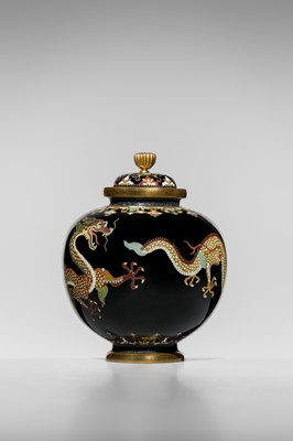 Lot 143 - NAMIKAWA YASUYUKI: A MAGNIFICENT BLACK-GROUND CLOISONNÉ ENAMEL ‘WRITHING DRAGONS’ SPHERICAL JAR AND COVER