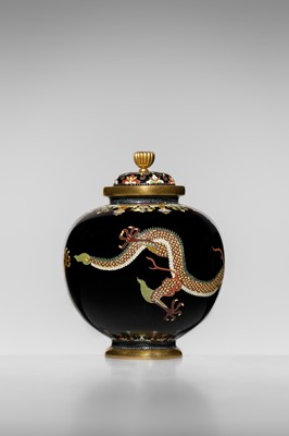 Lot 143 - NAMIKAWA YASUYUKI: A MAGNIFICENT BLACK-GROUND CLOISONNÉ ENAMEL ‘WRITHING DRAGONS’ SPHERICAL JAR AND COVER