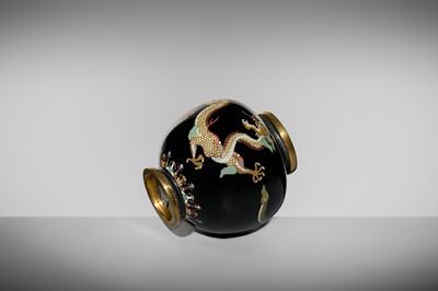 Lot 143 - NAMIKAWA YASUYUKI: A MAGNIFICENT BLACK-GROUND CLOISONNÉ ENAMEL ‘WRITHING DRAGONS’ SPHERICAL JAR AND COVER
